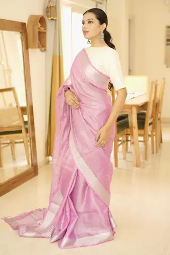 cosmic pink linen saree with exquisite handcrafted zardosi embroidery