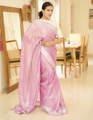 cosmic pink linen saree with exquisite handcrafted zardosi embroidery 4