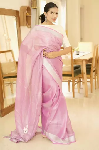 cosmic pink linen saree with exquisite handcrafted zardosi embroidery