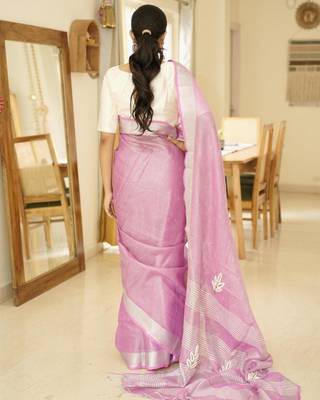 cosmic pink linen saree with exquisite handcrafted zardosi embroidery 5