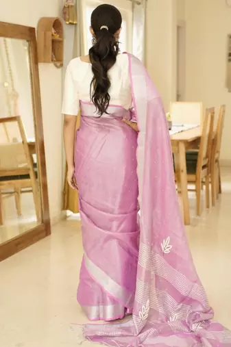 cosmic pink linen saree with exquisite handcrafted zardosi embroidery