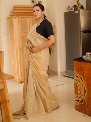 sunehri handwoven beige-gold tissue linen saree with subtle zari highlights 2