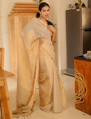 sunehri handwoven beige-gold tissue linen saree with subtle zari highlights 3