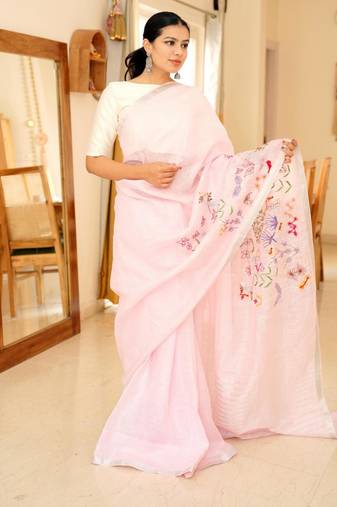 linen saree with elegant floral hand embroidery