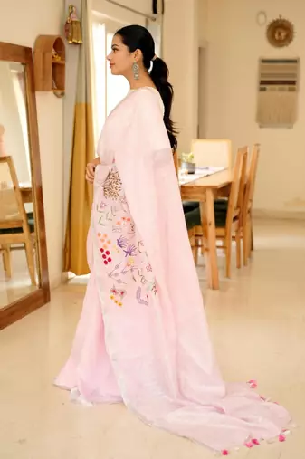linen saree with elegant floral hand embroidery