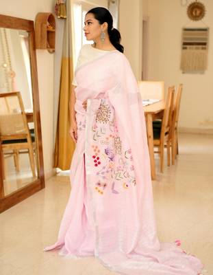linen saree with elegant floral hand embroidery 4