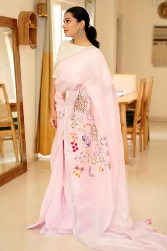 linen saree with elegant floral hand embroidery