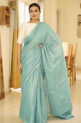 aqua whisper handwoven linen saree