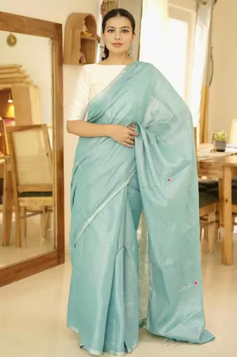 aqua whisper handwoven linen saree