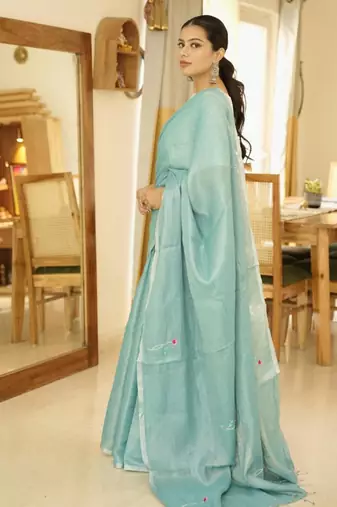 aqua whisper handwoven linen saree