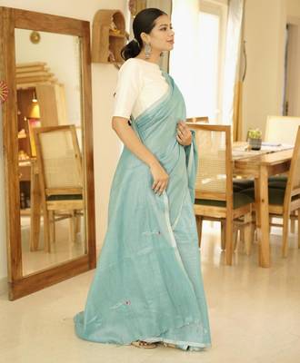 aqua whisper handwoven linen saree 4