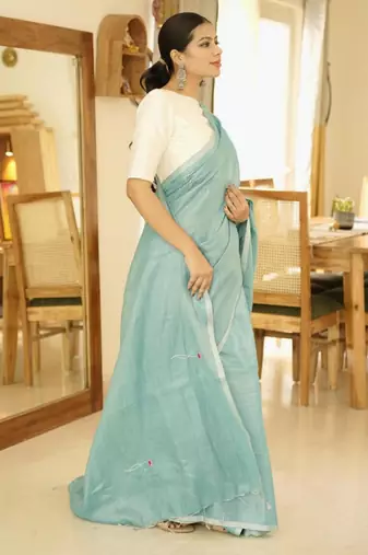 aqua whisper handwoven linen saree