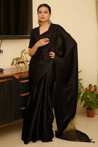black silk blend saree with gold zari border a timeless classic