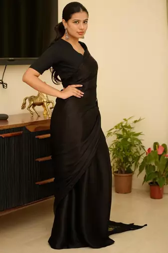 black silk blend saree with gold zari border a timeless classic