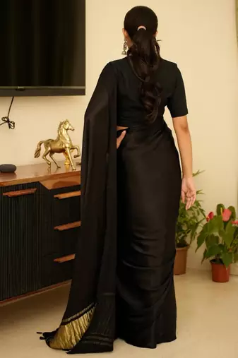 black silk blend saree with gold zari border a timeless classic
