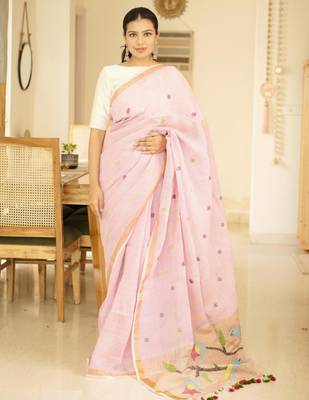 blush pink handpainted paithani linen saree 1