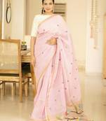 blush pink handpainted paithani linen saree
