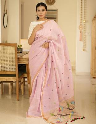blush pink handpainted paithani linen saree 2