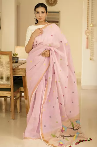 blush pink handpainted paithani linen saree