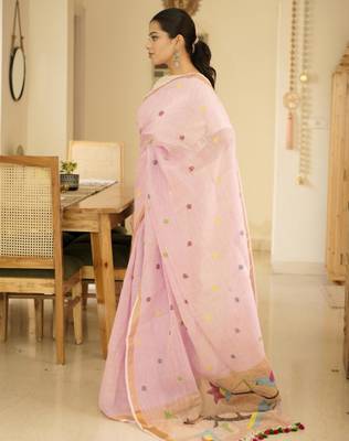 blush pink handpainted paithani linen saree 3