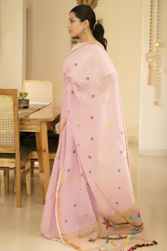 blush pink handpainted paithani linen saree