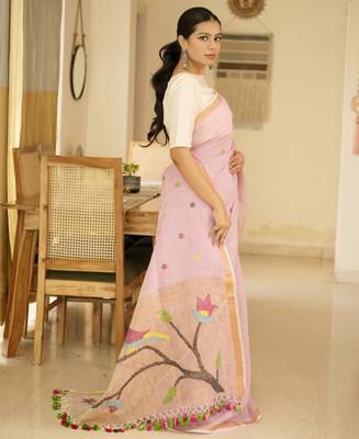 blush pink handpainted paithani linen saree 5