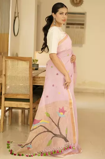 blush pink handpainted paithani linen saree