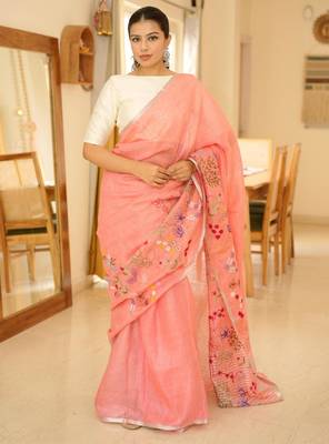 elegant handwoven pink linen saree with floral embroidery 1