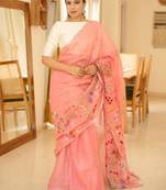 elegant handwoven pink linen saree with floral embroidery