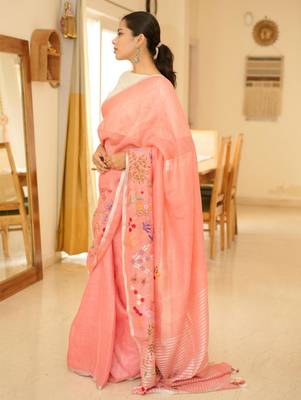 elegant handwoven pink linen saree with floral embroidery 2