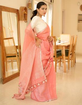 elegant handwoven pink linen saree with floral embroidery 3