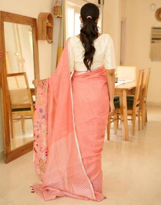 elegant handwoven pink linen saree with floral embroidery 4