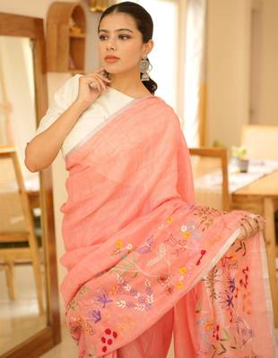 elegant handwoven pink linen saree with floral embroidery 5