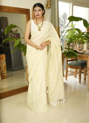 ethereal elegance ivory handwoven saree with subtle stripes 1