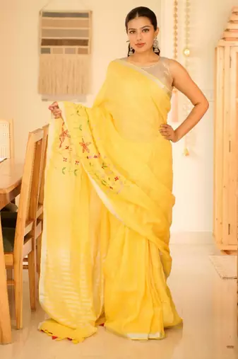 golden grace hand-embroidered tissue linen saree