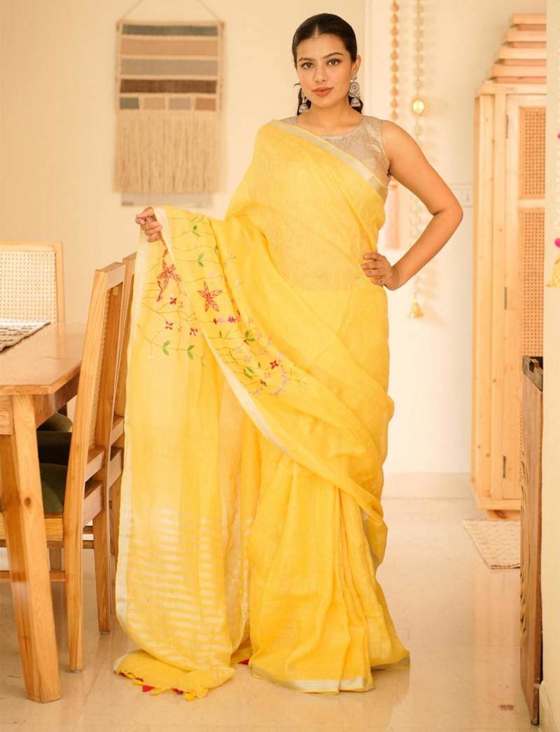 golden grace hand-embroidered tissue linen saree