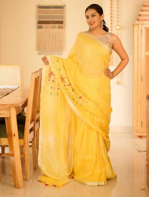 golden grace hand-embroidered tissue linen saree 2
