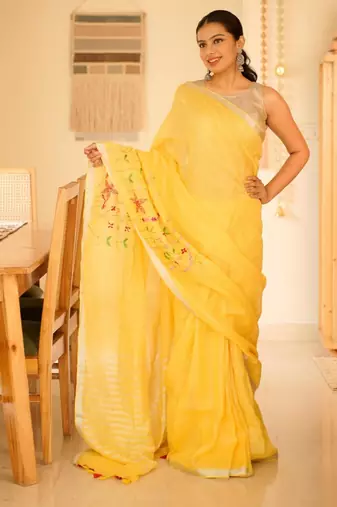 golden grace hand-embroidered tissue linen saree