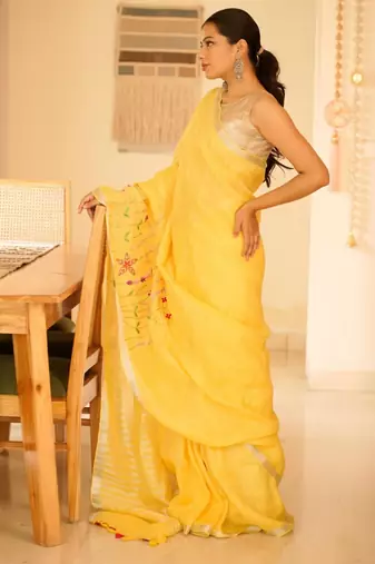 golden grace hand-embroidered tissue linen saree