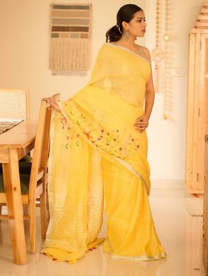 golden grace hand-embroidered tissue linen saree 4
