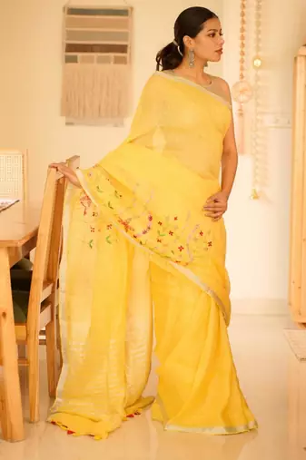golden grace hand-embroidered tissue linen saree