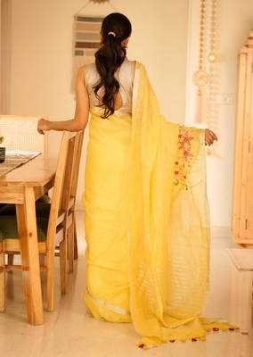 golden grace hand-embroidered tissue linen saree 5