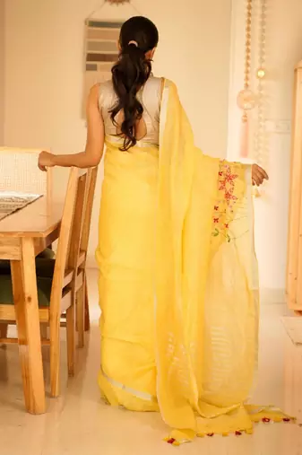 golden grace hand-embroidered tissue linen saree