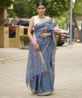 handwoven blue linen saree with tassel & hand embroidery 1