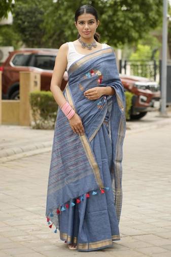 handwoven blue linen saree with tassel & hand embroidery