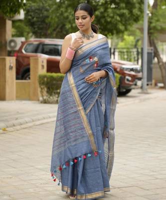 handwoven blue linen saree with tassel & hand embroidery 2