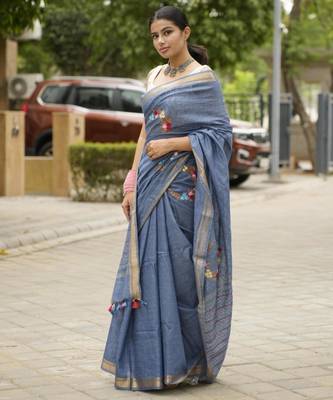 handwoven blue linen saree with tassel & hand embroidery 3