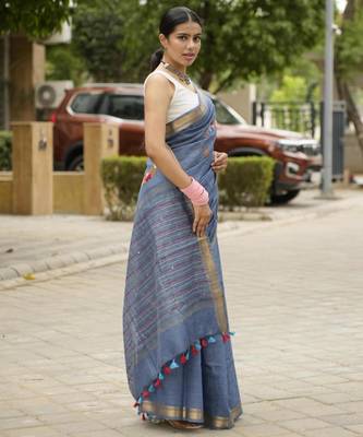 handwoven blue linen saree with tassel & hand embroidery 4