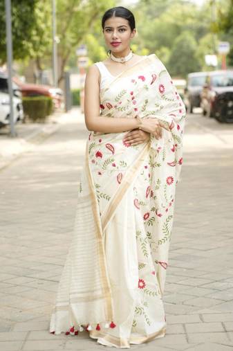 ivory garden embroidered linen saree