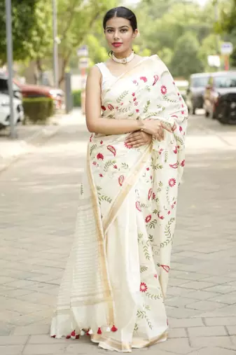 ivory garden embroidered linen saree